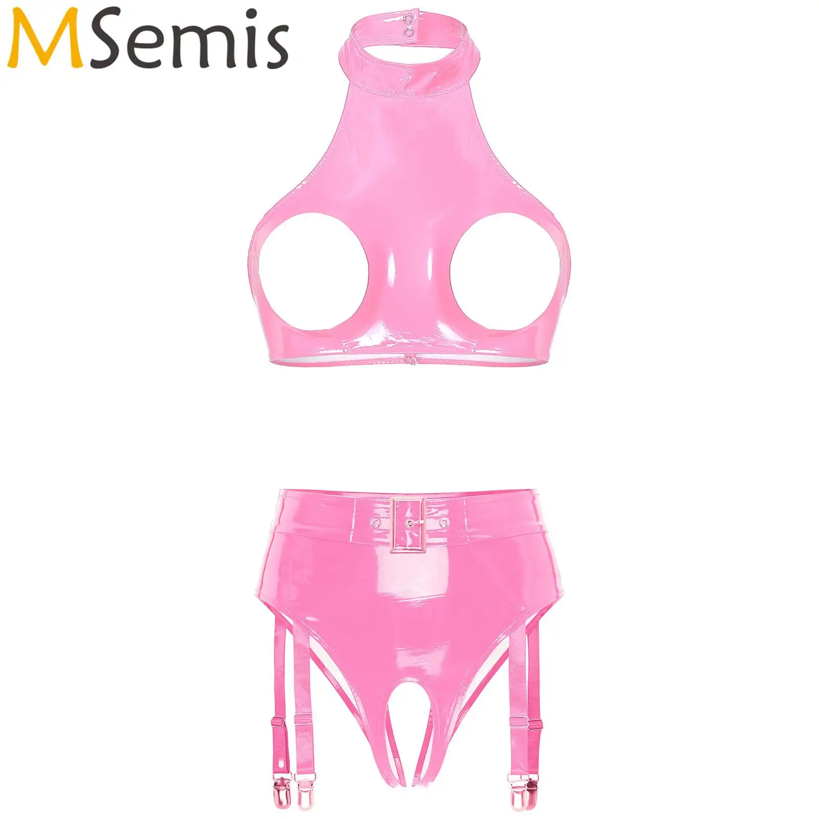 

Womens Lingerie Wet Look Patent Leather Halter Open Bust Backless Crop Top with High Waist Open Crotch Garter Underwear Set