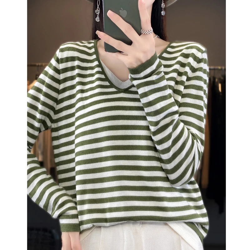 

Women's Pullover Spring/Autumn Fine Faux Wool Sweater Casual Striped Knitwear Loose Ladies Tops V-Neck Fake Two-piece Blouse