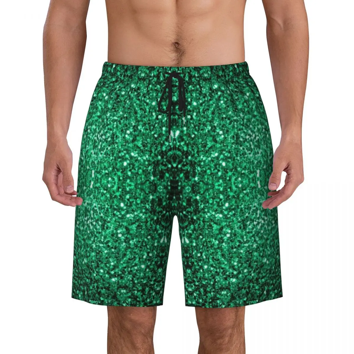 

Males Board Shorts Green Sparkle Glitter Classic Beach Trunks Glimmer Print Breathable Surfing Hot Sale Board Short Pants