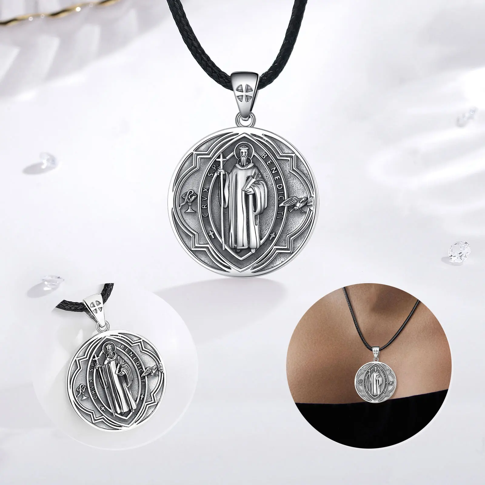 Eudora 925 Sterling Silver Saint Benedict Necklace Vintage Cross Amulet Religious Pendant Personality Jewelry for Men Women