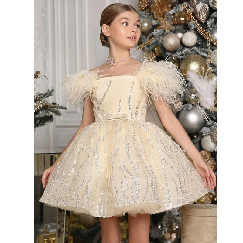 

Girls Sequin Feather Design Princess Dress Champagne Color Ball Gown Evening Boutique Dress Birthday Party Kids Wearing