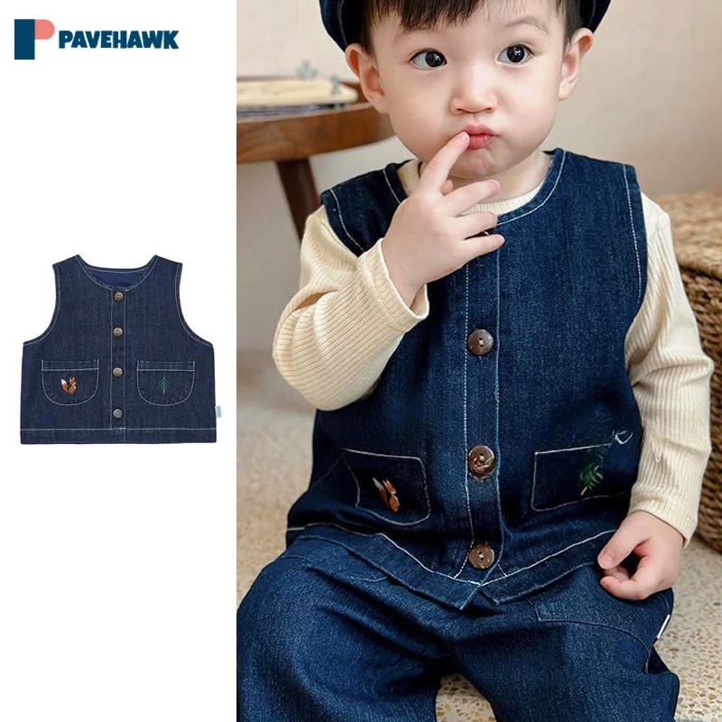 

Japanese Retro Children Vest Autumn Boy Girl Casual Embroidery Pattern Cotton Sleeveless Vests Korean Fashion Child Outwear Top