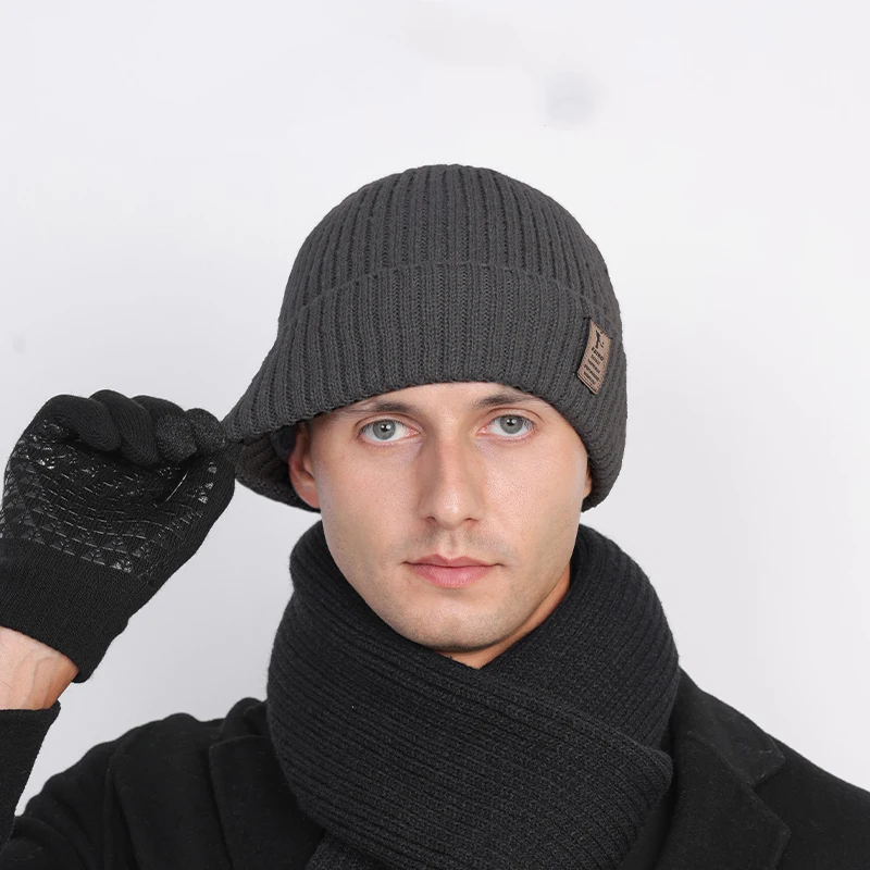 Winter Accessories Men's Three-Piece Fleece Scarf Neck Guard Knitted Beanie Riding Windproof Hat