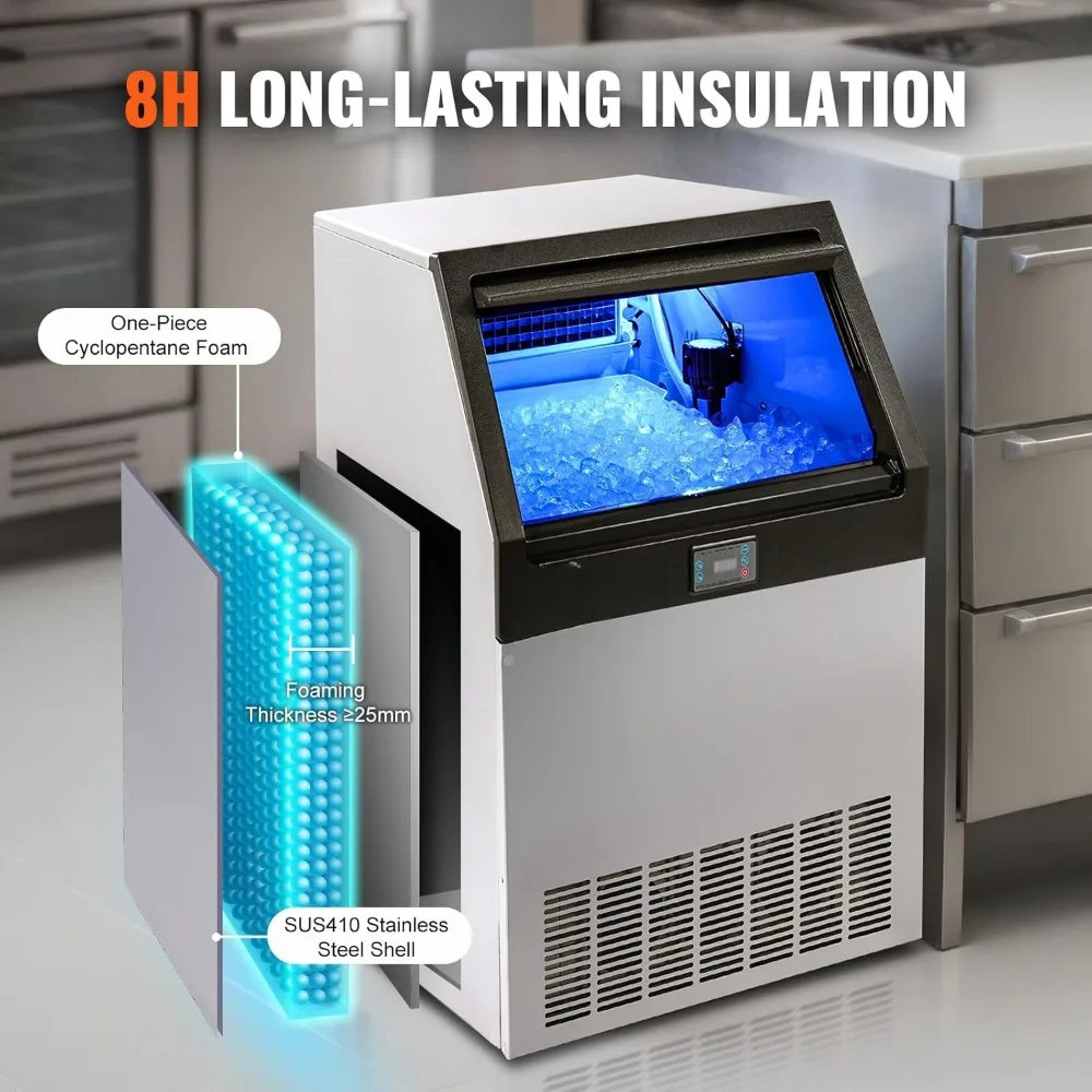 Commercial ice maker, 160 pounds/24 hours, ice maker,80 cubes in 12-15 minutes, 6-pound storage capacity LED digital display