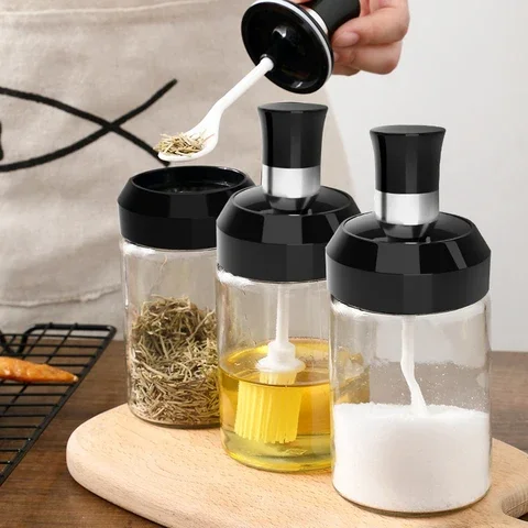 

Home Glass Spice Box Spoon and Lid Integrated Spice Jar Combination Seasoning Jar Kitchen Supplies Home Salt Shaker Oil Bottle