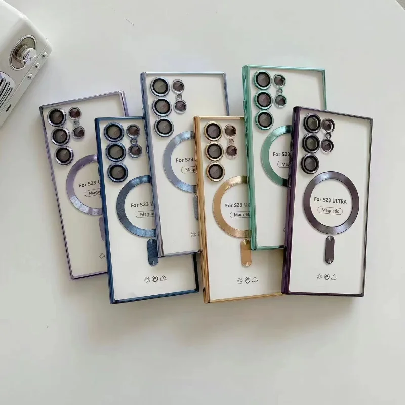 

Роскошный Магнитный цветной прозрачный чехол для Magsafe, чехол для Samsung Galaxy S23 Ultra S23 S22 Plus S21 FE, чехол с беспроводной зарядкой