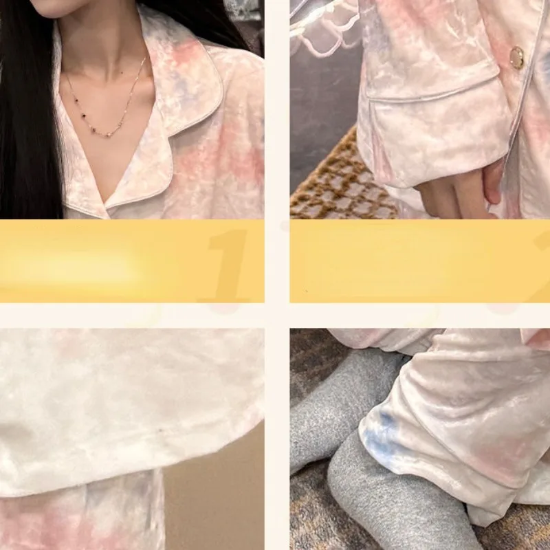 2024 New Golden Velvet Pajamas Women's Spring Autumn Sleepwear Long Sleeved Loose Homewear Set V-neck Sweet Loungewear Suit