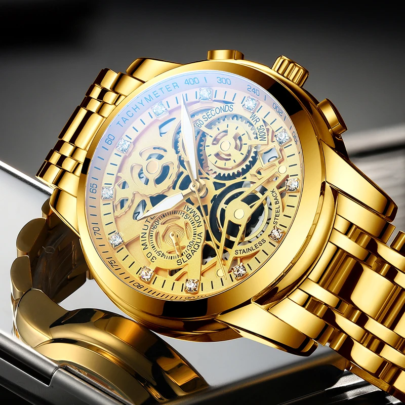 Original Luxury Men's Quartz Watch Premium Gold Stainless Steel Strap Rhinestone Multi-Function Dial Business Clock Gift New