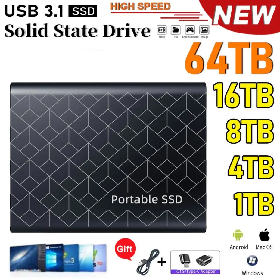 Оригинальный Портативный SSD 1 Тб внешний жесткий диск 2 ТБ жесткий диск память USB для ПК планшетов ноутбуков настольных компьютеров Mac 2024
