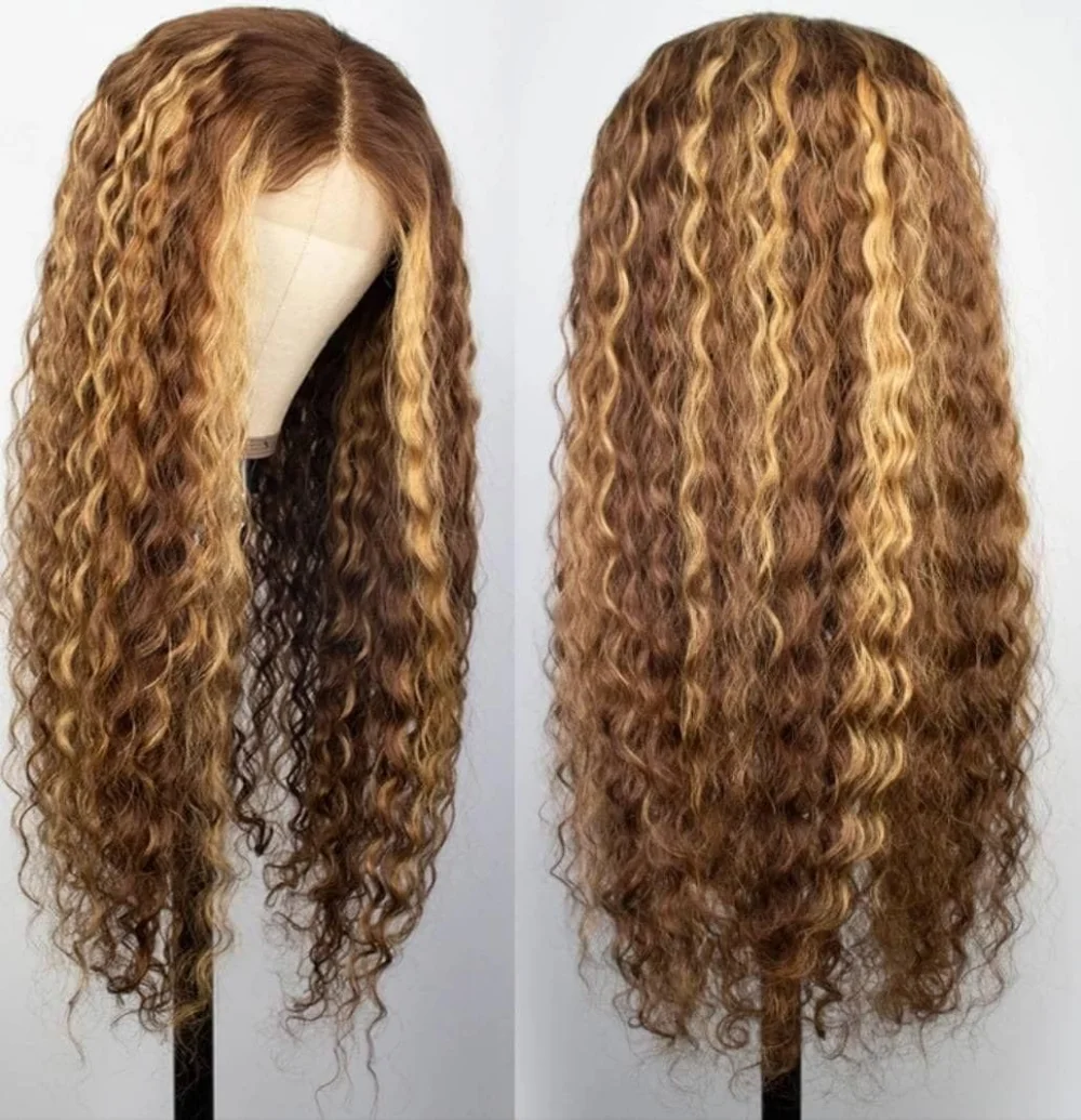 Highlight Curly Wig 13x4 Lace Front Human Hair Wigs For Women Glueless HD Deep Wave Lace Frontal Pre Plucked Wig 4/27 Colored 3