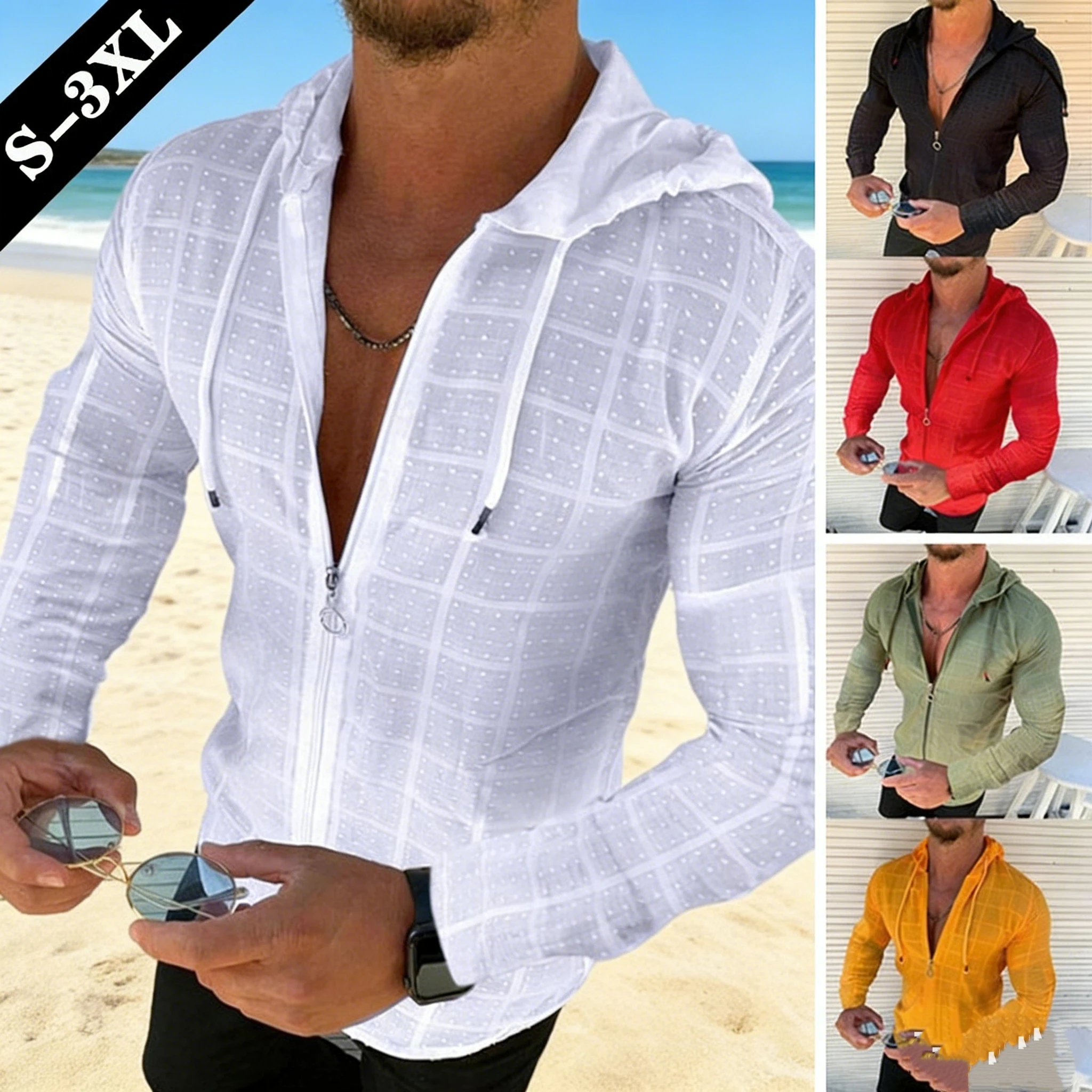 2026 Summer New Men's Cotton Linen Hooded Shirt Lightweight Casual Zipper Slim Fit Vacation Tops Sun Protection Clothing