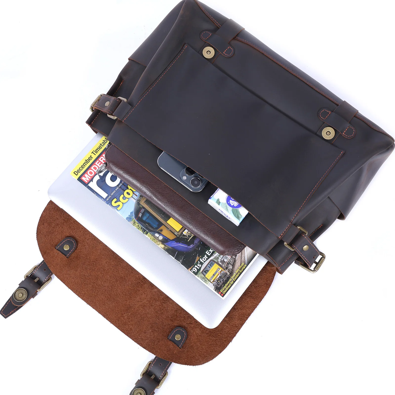 S.WORKER Vintage Genuine Cowhide Leather Men's Briefcase Laptop Messenger Bag Crazy Horse Leather Handbag Retro concise Style 4
