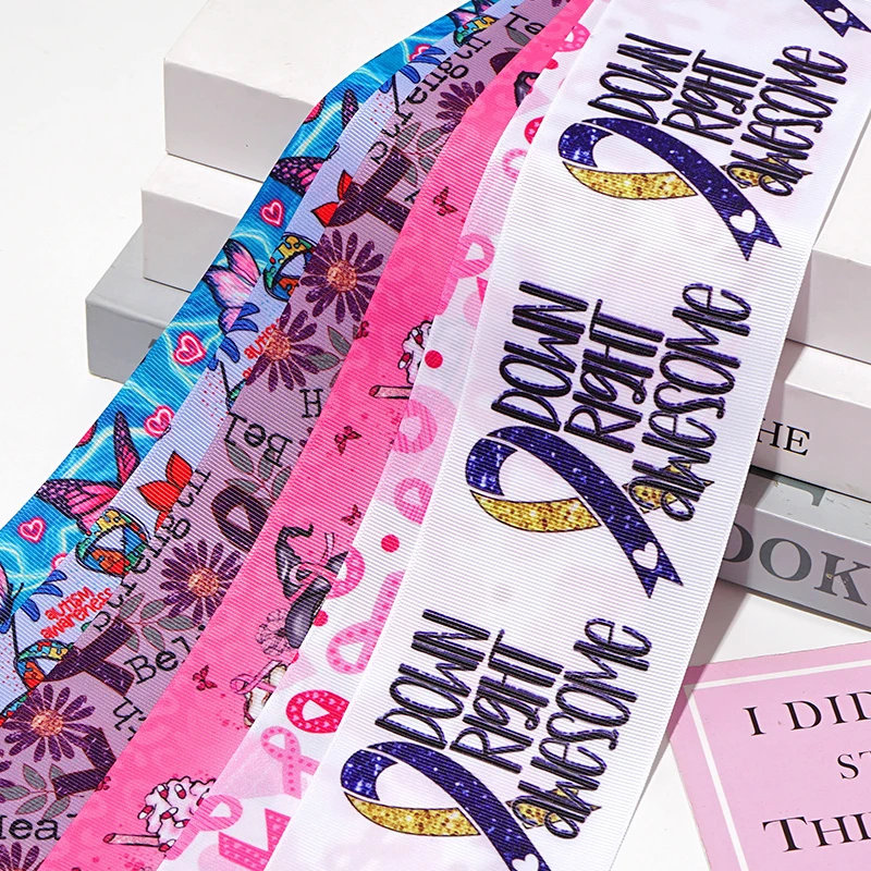 5 Yards Caring For Breast Cancer Printed Grosgrain Ribbons For Hair Bows DIY Handmade Materials 79644 ribbon decoration ribbon supplies grosgrain ribbon