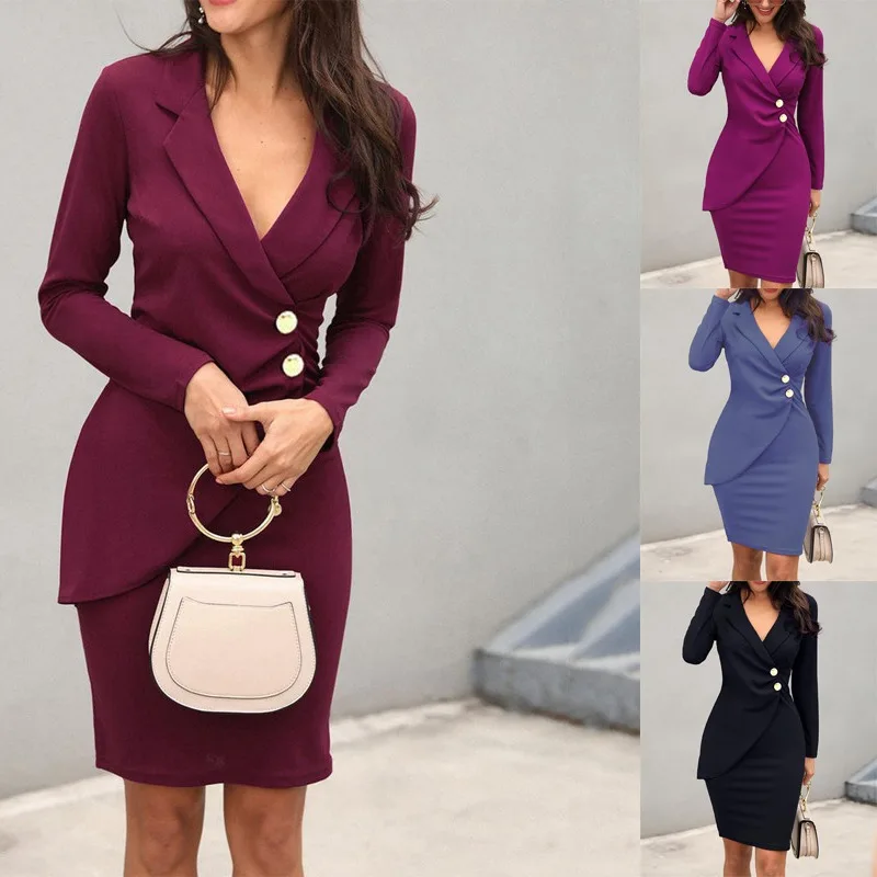 

Fall 2023 Slim Hip Bottoming Buttoned Breasted Professional Dress