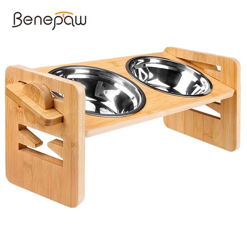 

Benepaw Bamboo Elevated Dog Bowls Adjustable Raised Stainless Steel Pet Food Bowl For Puppy Cats Durable Non-Slip Pet Feeder