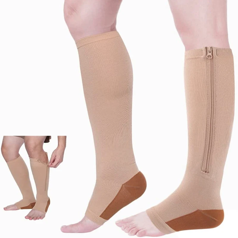 

2pcs Men Women Zipper Calf Compression Socks Knee High Open Toe Support Graduated Medical Varicose Veins Hosiery Health Care