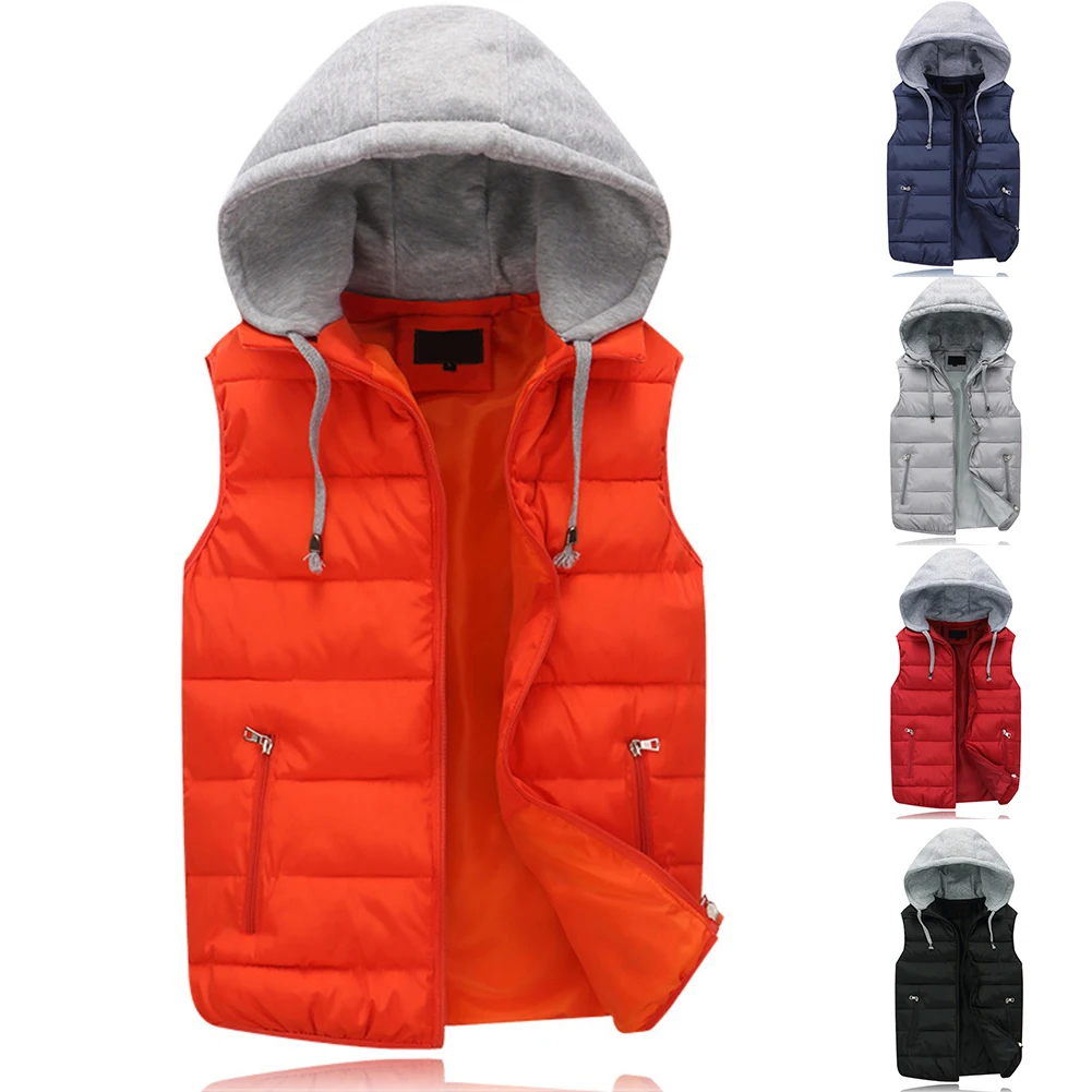 Men Warm Vest With Hood Waterproof Cold Prevention Sleeveless Casual Jacket Vest  Winter Thickened Warm Hooded Vest