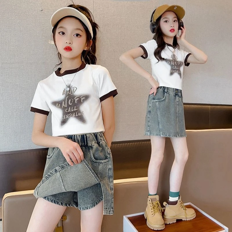 여아 데님 스커트 반바지 큰 아이 여름 핫팬츠 한국 스타일 세련된 얇은 통기성 청반바지 5-12세 여아용