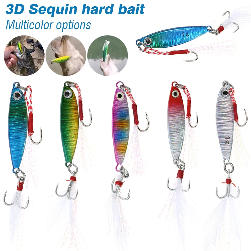 

1pc Multicolor 7g Reflective Fishing Lure Metal Artificial Baits Treble Hooks With Feathers Tail For Saltwater Fishing