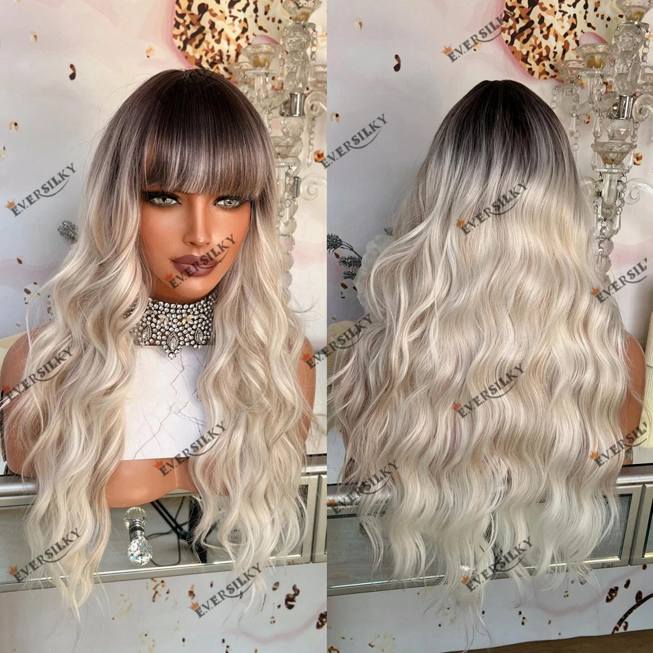 

Dark Brown Root Lightest Blonde Ombre Human Hair Lace Front Wig with Bangs for Women Transparent Lace Front Wig 250% Density