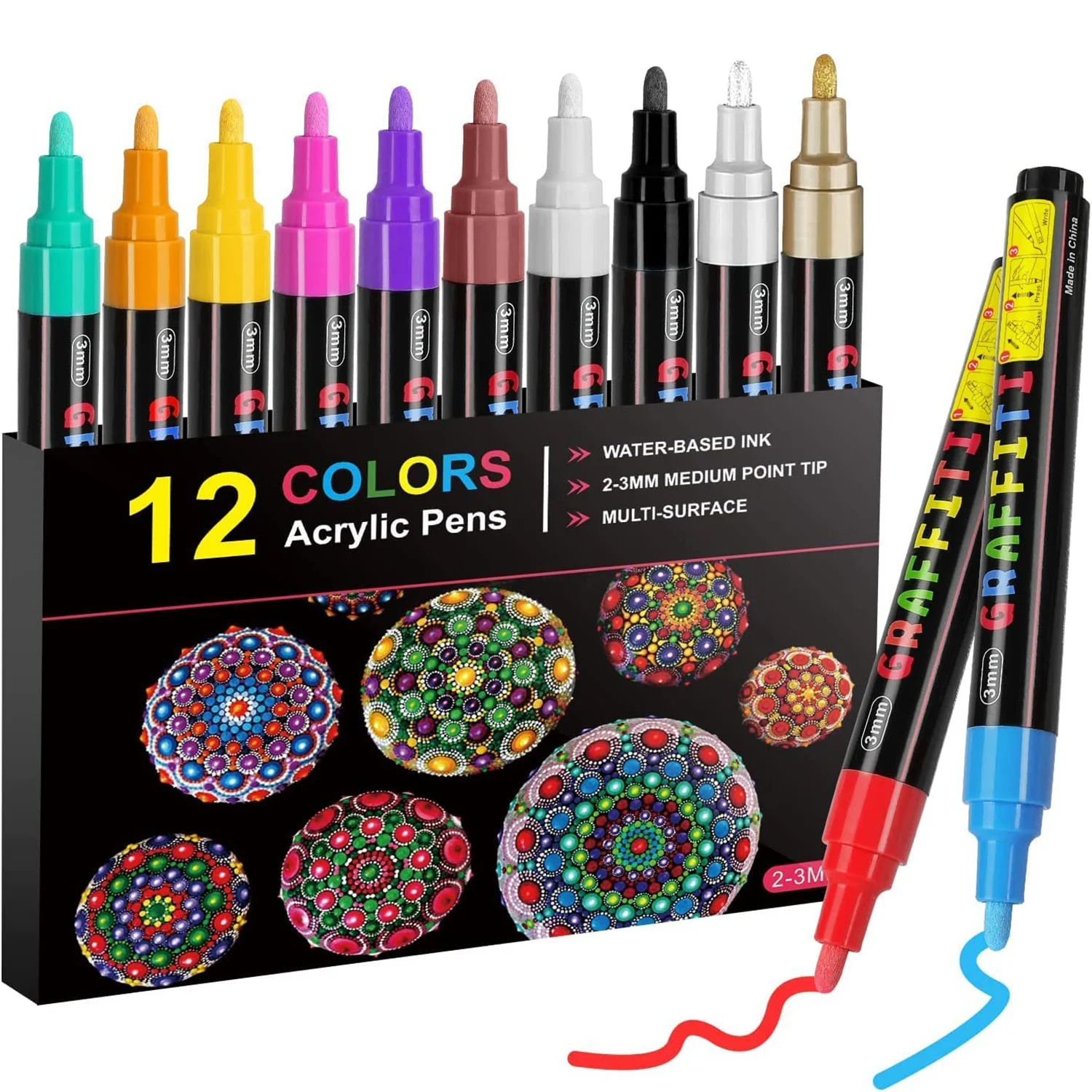 

Acrylic Paint Pens, Set of 12 Paint Markers Pens for Rocks, Craft, Ceramic, Glass, Wood, Fabric, Canvas -Art Crafting Supplies