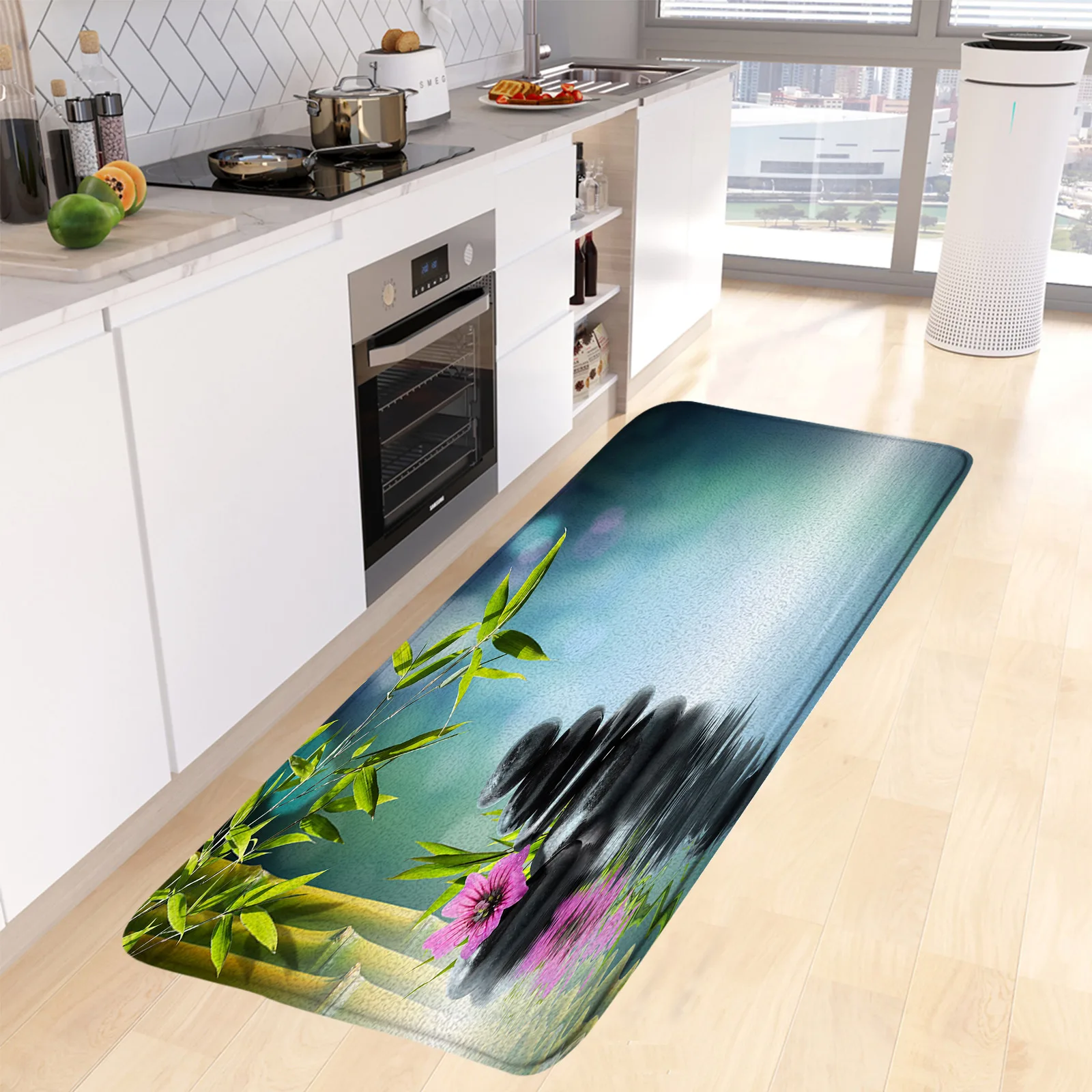 Zen Green Bamboo Kitchen Mat Black Stone Flower Spa Modern Natural Scenery Camera Da Letto Tappeto Lungo Decorazioni Per La Casa Tappeto Antiscivolo T