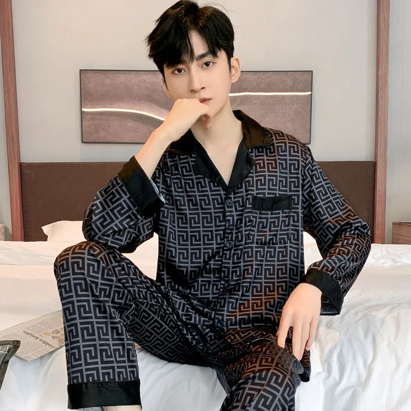 Pajamas Men Spring Summer Thin Ice Silk Luxurious Loose Fitting Home Wear Suit Male Satin Pyjamas Set Night Pajamas Set Men