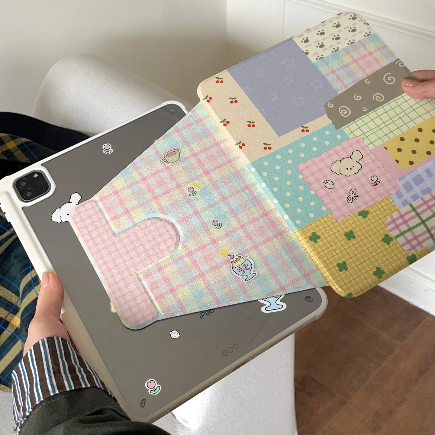 Adorable Pink Grid Doggy Tablet Case Cover