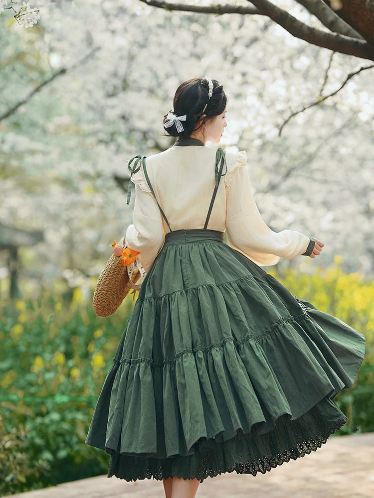 Chinese Lolita Style Spring Summer Long Midi Suspender Skirt Women Teen Girls Cute High Waist A-Line Lace Ruffle Skirts Pleated