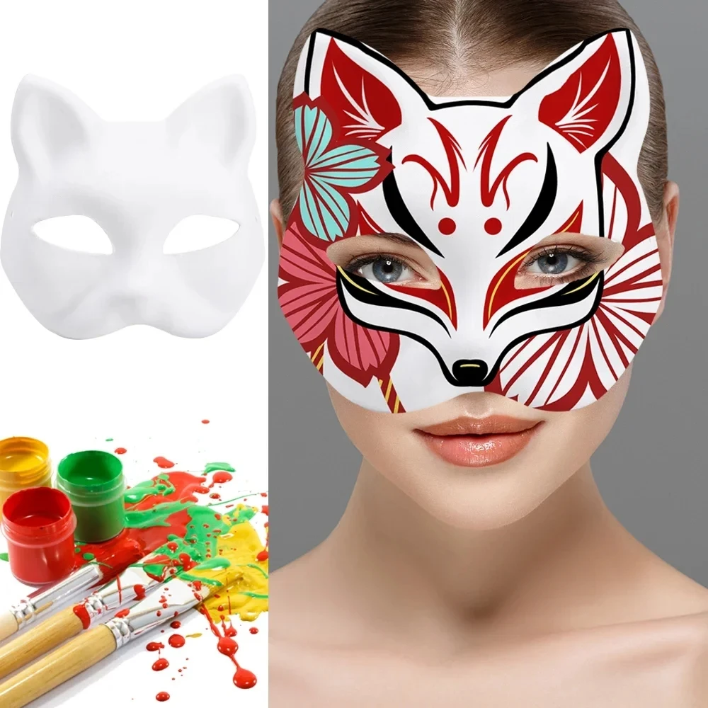 Therian Masks White Cat Masks Blank DIY Halloween Mask Animal Half Facemasks Masquerade Cosplay Party 5PCS