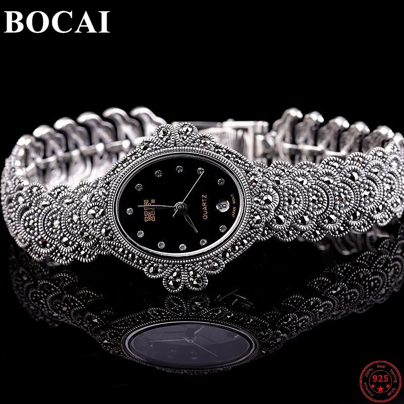 

BOCAI S925 Sterling Silver Bracelets for Women 2023 New Fashion Retro Old Totem Pure Argentum Watch-strap Bangle Wrist-watch