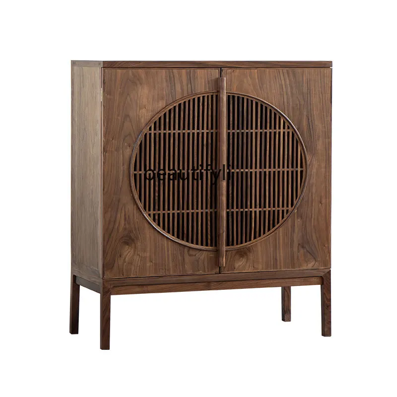 

New Chinese Style Solid Wood Dining Edge Entrance Cabinet Black Walnut Wooden Locker Tea House