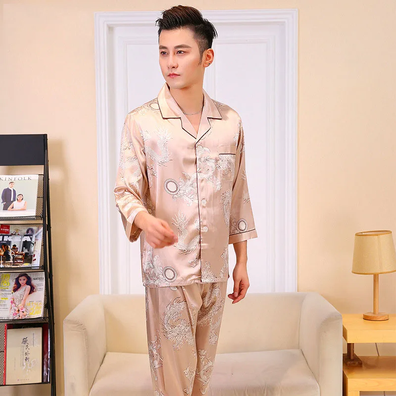 L-XXL Mens Loose Sleepwear Full Sleeve Pant 2PCS Pajamas Sets Dragon Print  Casual Home Clothes Spring Summer Ice Silk Nightwear mens satin pajama set