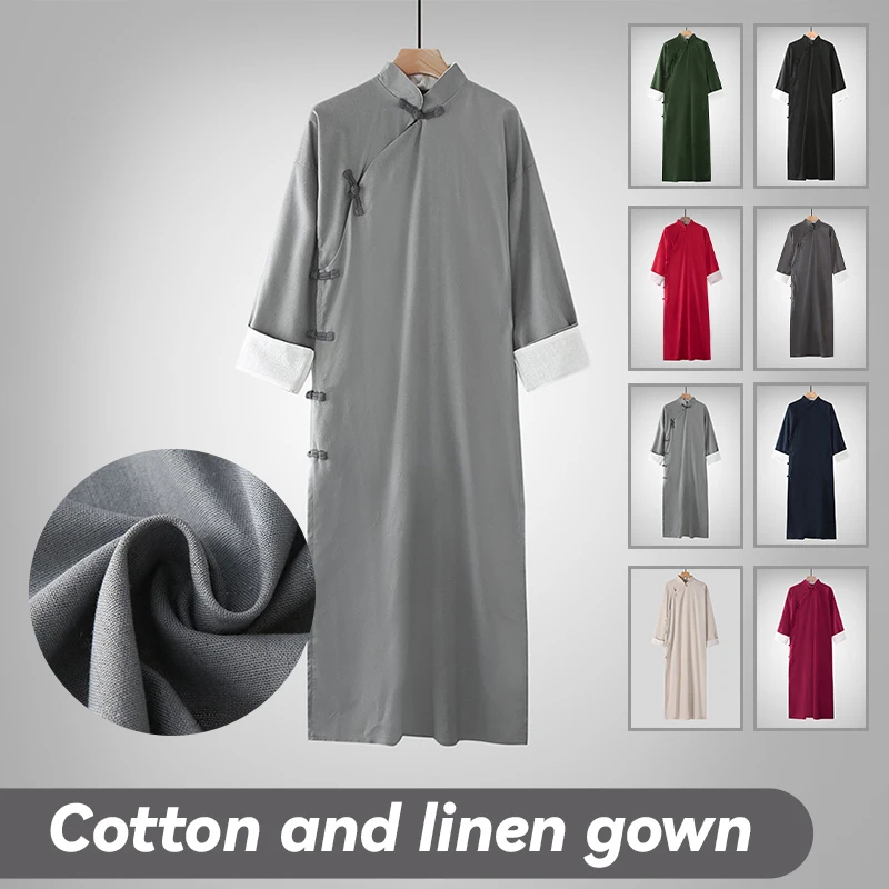 Chinese Traditional Cotton Linen Robe Jacket Male Chinese Tang Suit Gown Performance Short Sleeve Crosstalk Tunic Suit Tops