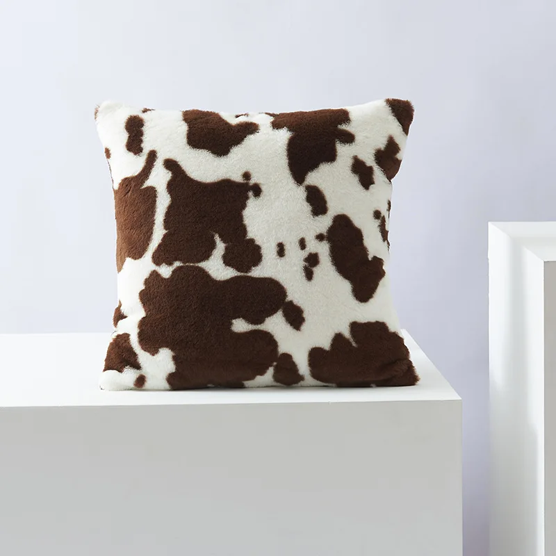 Dark brown plush cow-print pillow cover