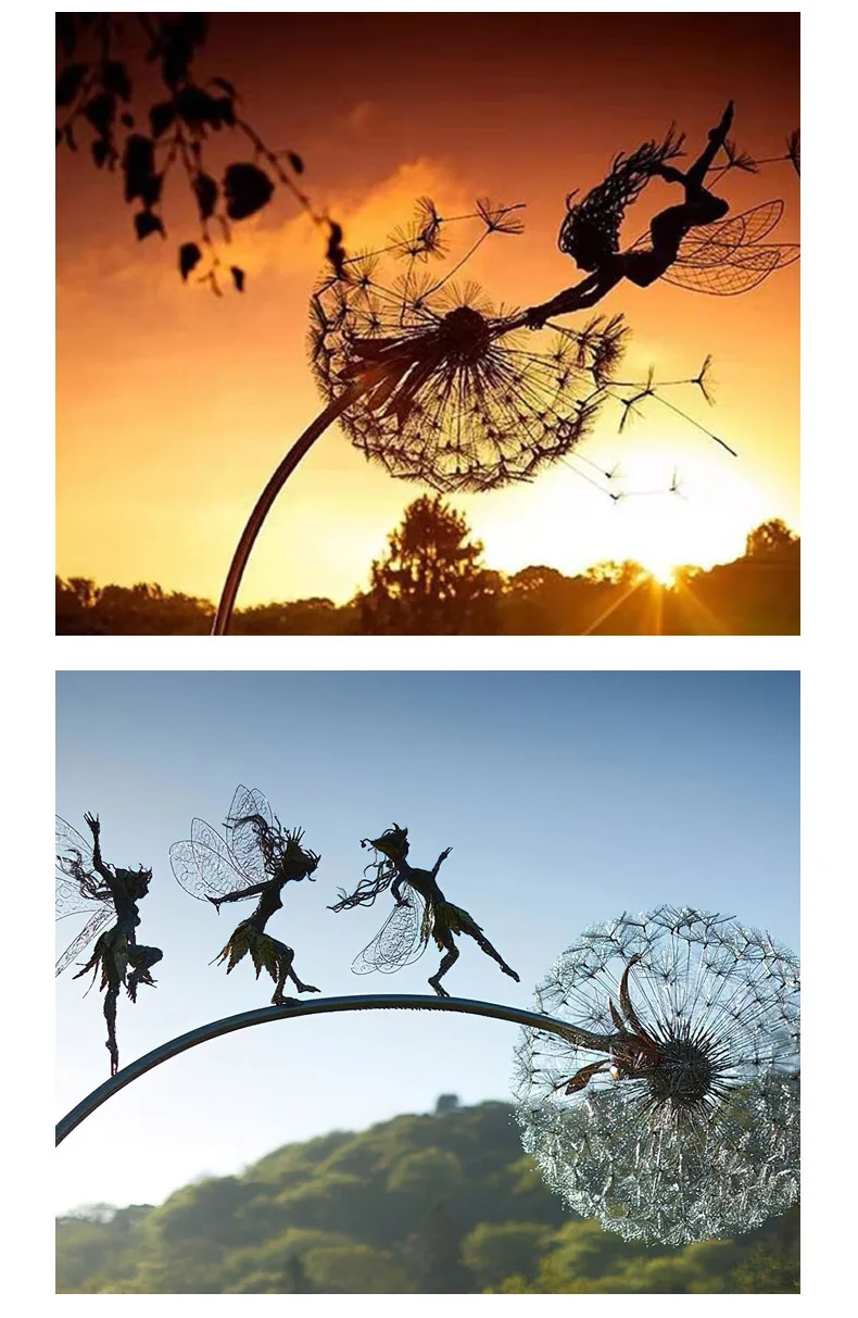 Dynamischer Blumenfee und Löwenzahn-Gartenstecker aus Metall – skurrile Outdoor-Dekoration, perfekt als Valentinstagsgeschenk – Detail 14