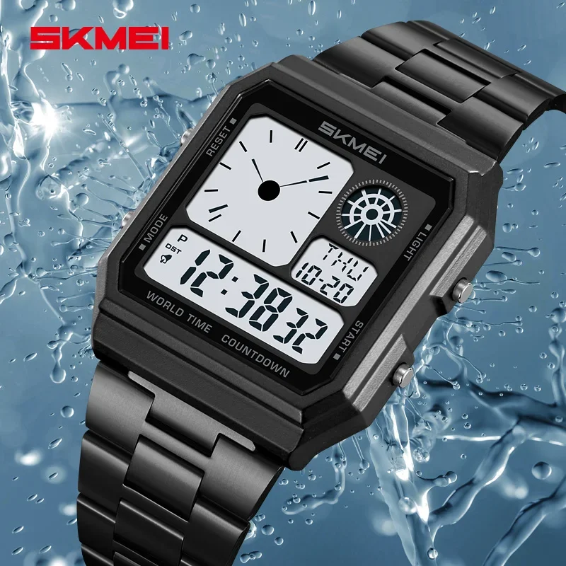 SKMEI 2353 Luxury Stainless Steel Watch for Men Digital Sports Waterproof Mens Wristwatches Countdown Alarm 1335 Reloj Hombre