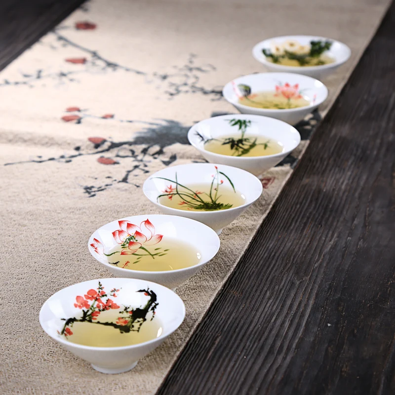 Tea Cup Blue and White Porcelain Hand-painted Hat Kungfu Ceramic Pu'er Black Tea Plum Orchid Bamboo Mountain Master 8.5x3.5cm