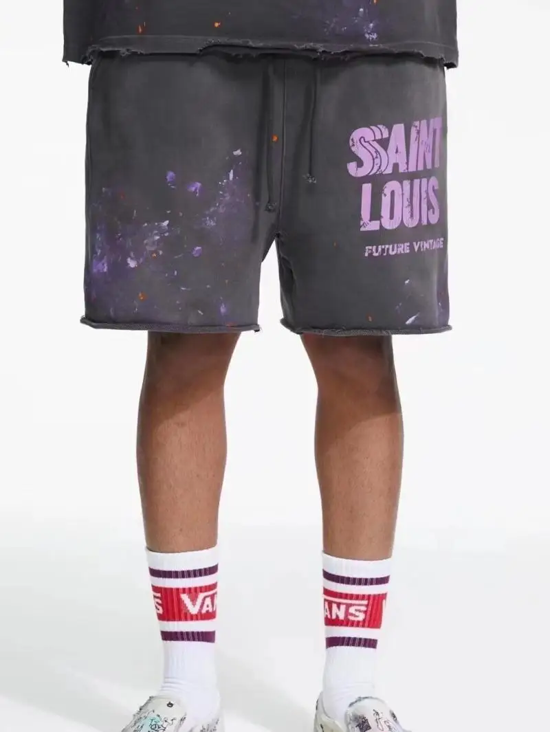 2024NOW Summer SAINT LOUIS Vintage Sketch Saint Louis Washed Shorts Men Women Knitted Drawstring Shorts