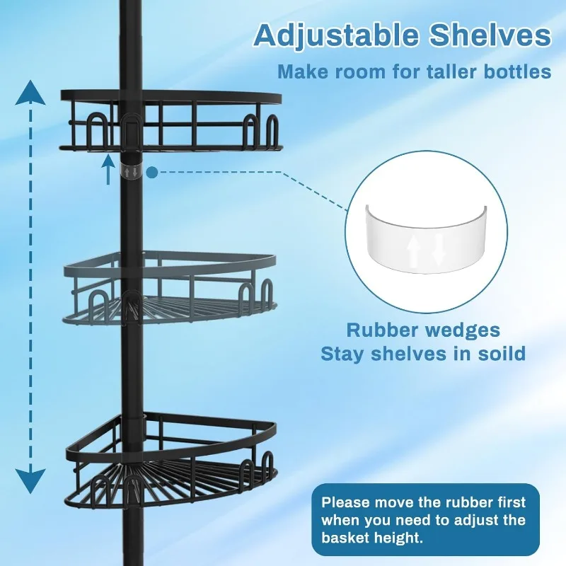 Rustproof Corner Shower Caddy Tension Pole, 4 Large Baskets for Bathtub Shampoo Storage Organizer Bathroom Height Adjustable