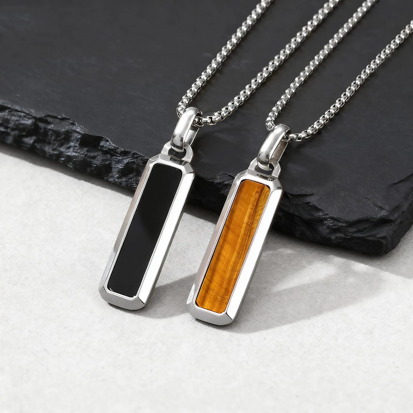 Natural Stone Geometric Pendant Necklace for Men,Stylsih Stainless Steel Vertical Bar Necklace,Male Jewelry Gift