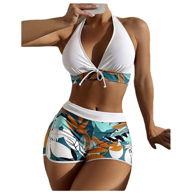 

2024 Custom Two Piece Female Leaves Printed High Waist Bikini Set Women Halter Neck Padded Swimsuit Push Bra Pads Swimwear
