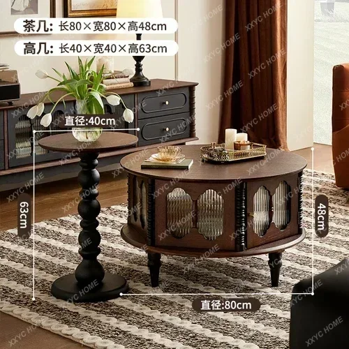 French Retro Solid Wood Coffee Table TV Cabinet Combination round Changhong Glass Tea Table