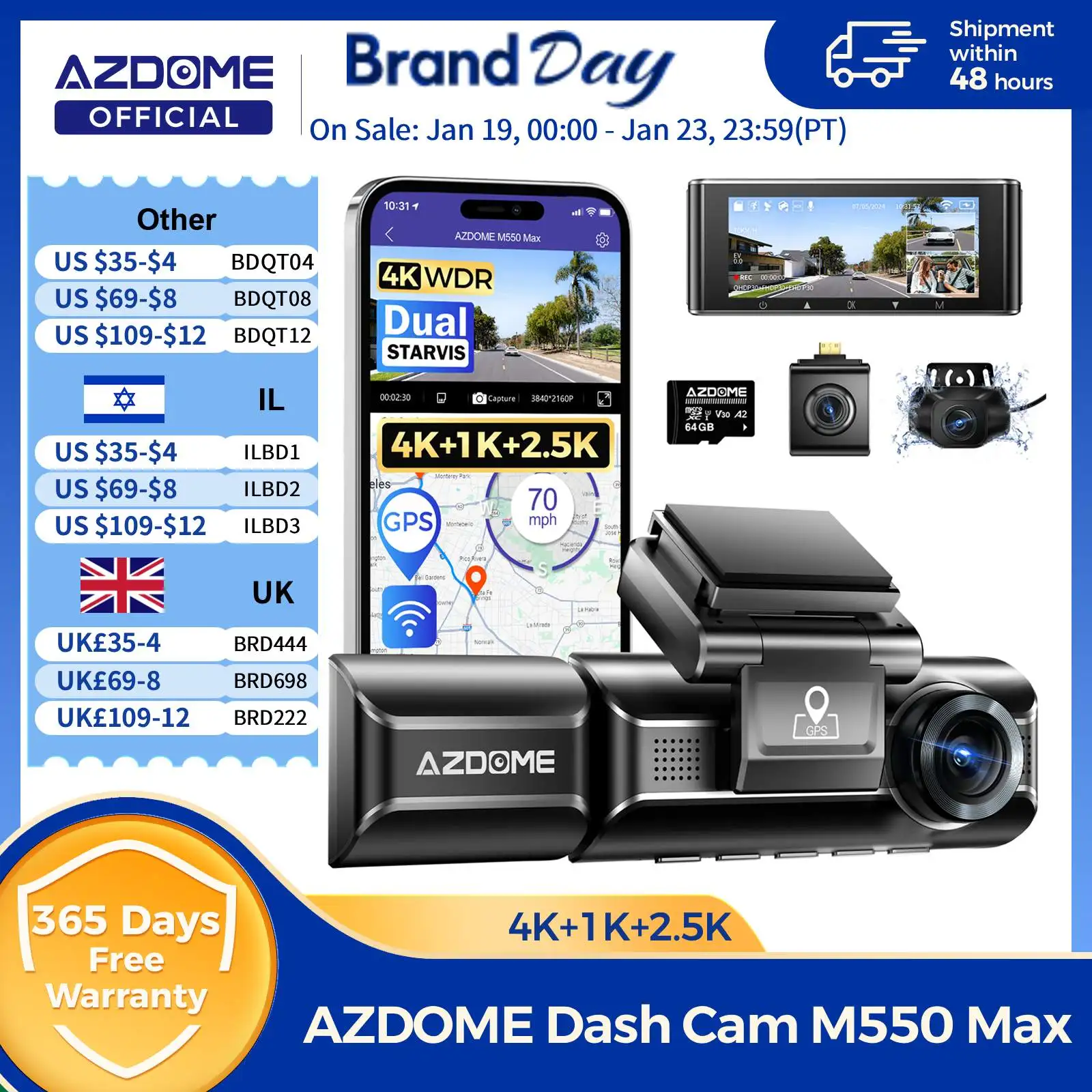 كاميرا AZDOME M550 Max للسيارة كاميرا AZDOME M550 Max للسيارة مزودة بنظام تحديد المواقع العالمي (GPS) وواي فاي.