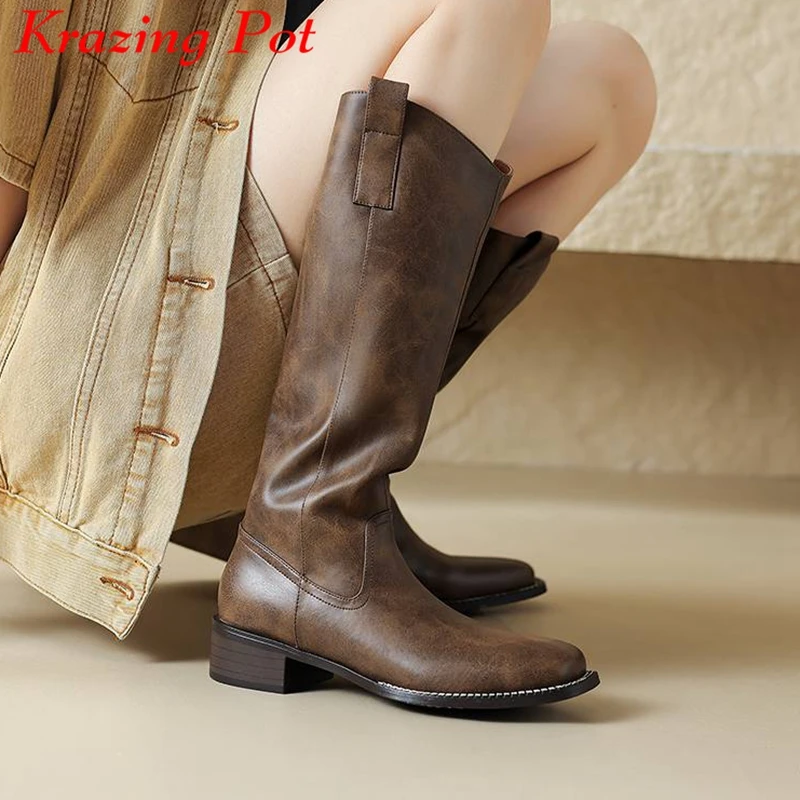 

Krazing Pot Cow Leather Round Toe Med Heels Riding Boots Winter Concise Style Street Wear Slip On Ins Keep Warm Thigh High Boots