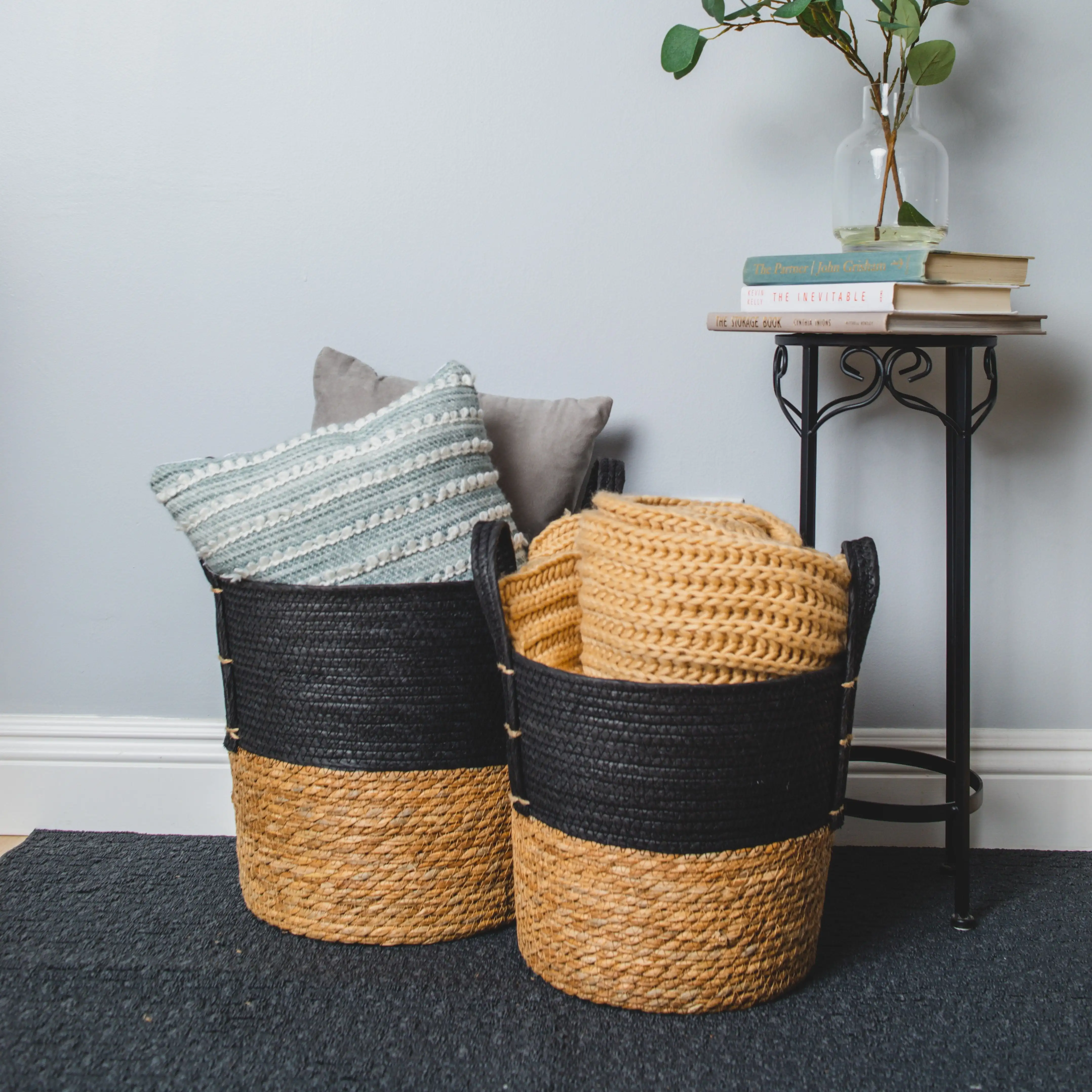 

Set of 2 Natural Round Storage Basket, Braided Seagrass & Paper Rope (LG+MD), Natural & Black