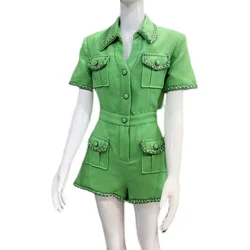 Small Fragrance Wind Gold Chain Woven Back Waist Hollow Jumpsuit Women's Summer Slim Short Sleeve Rompers q226