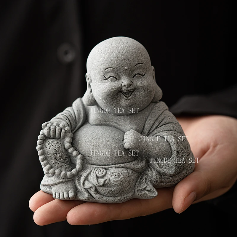 Cute Maitreya Buddha Ornament Home Green Sand Stone Tea Pet Desktop Bathtub Landscape Decoration Tea Ceremony Accessories