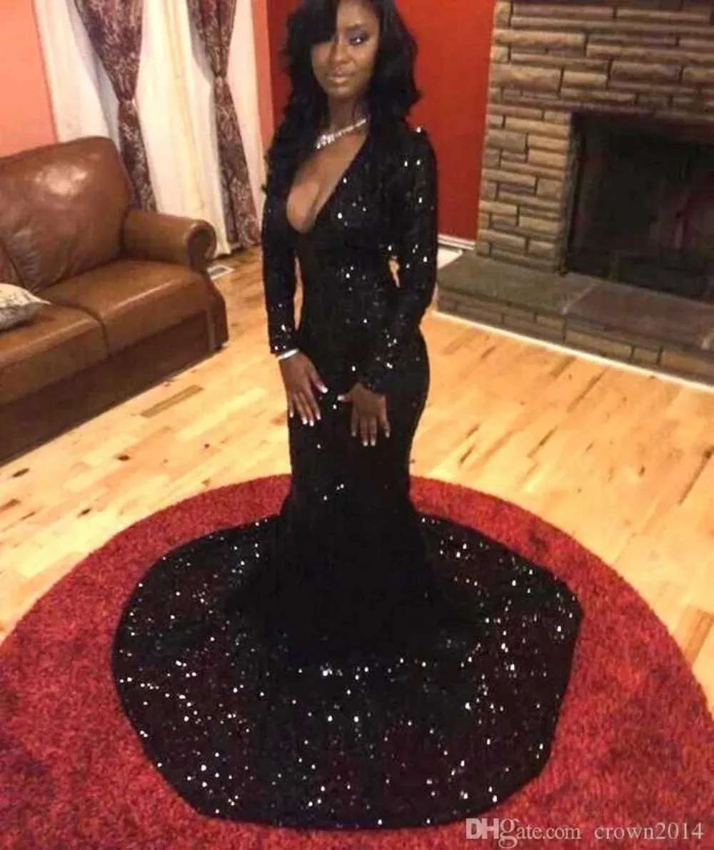 

Sexy Black Mermaid Prom Dresses Spring Summer Sequin Long Sleeve V-neck Formal Party Evening african Dresses Robes De Soirée