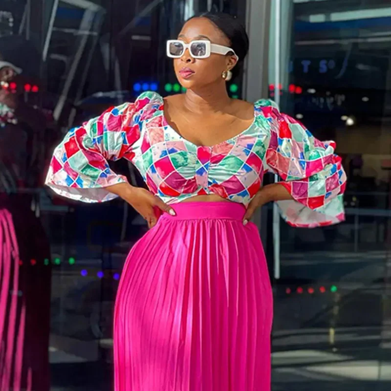 

Sexy Dress Sets Two Piece Sets Outfits Pleated Wepbel Bell Sleeve Top Pleated Skirt Casual Suit Women Long Skirts Tshirts